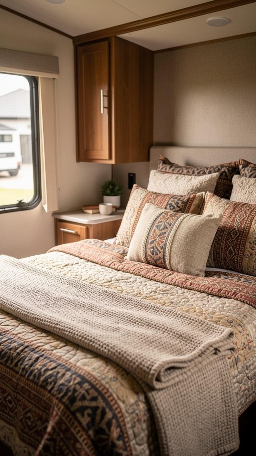 RV bedroom with decorative upgraded bedding