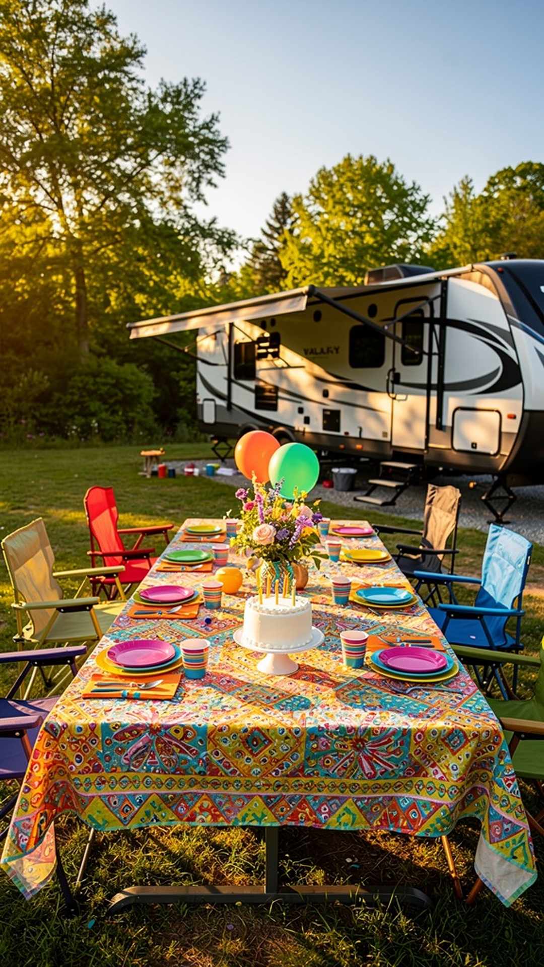 Decorated outdoor birthday table at RV campsite