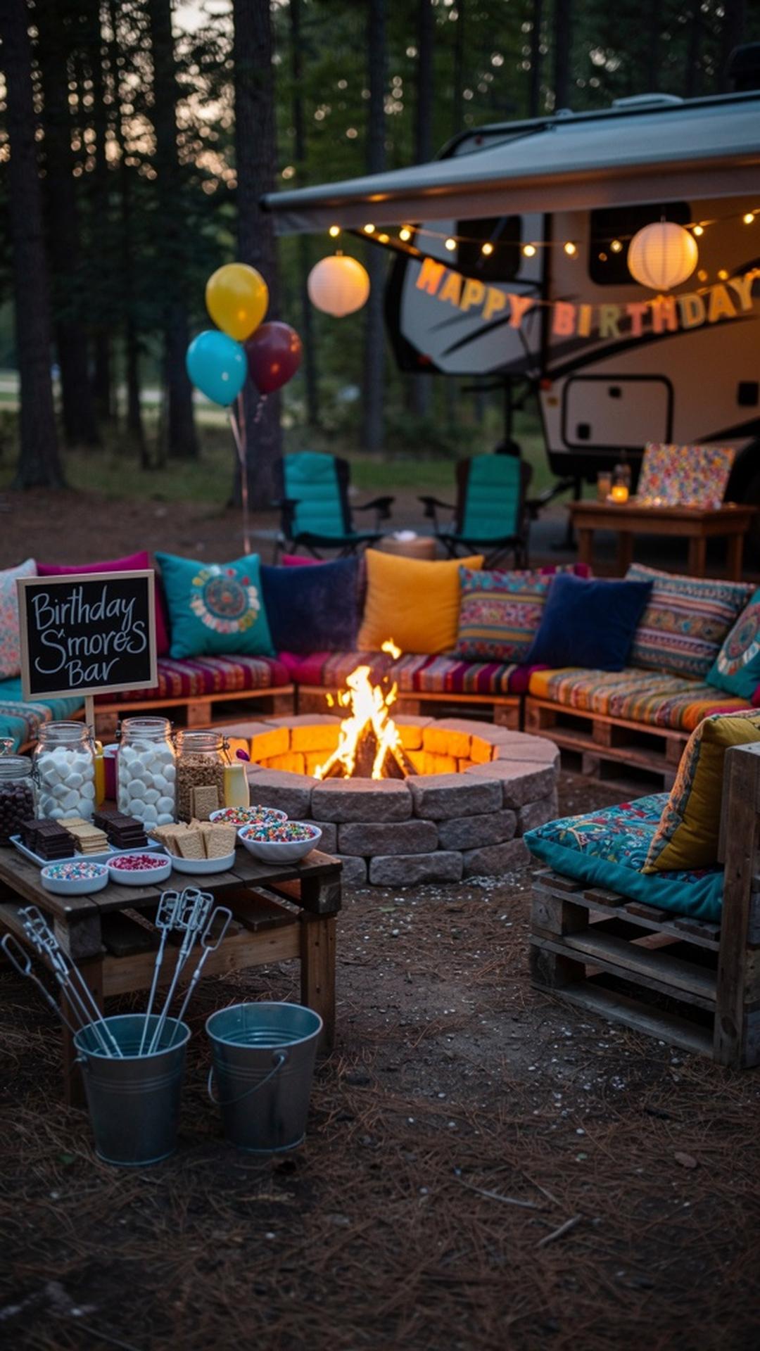 Decorated campfire area with birthday theme