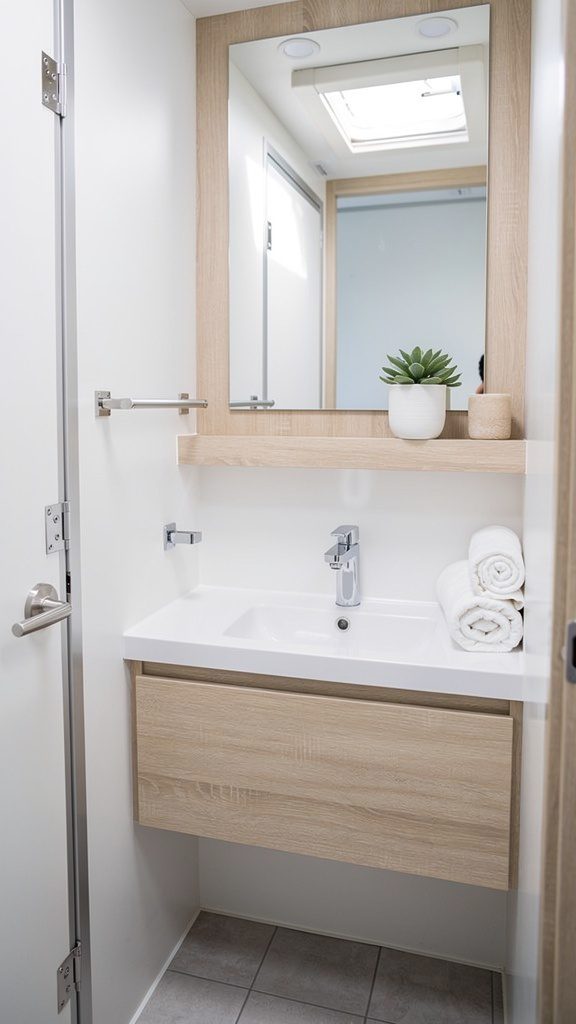 Modern RV bathroom with coastal theme