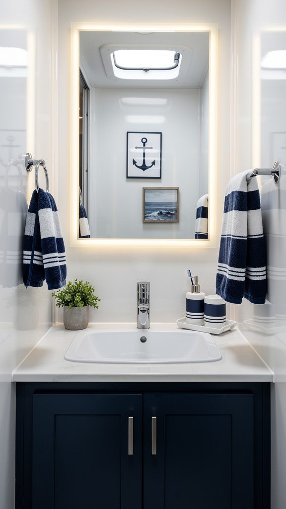 RV bathroom with navy and white color scheme