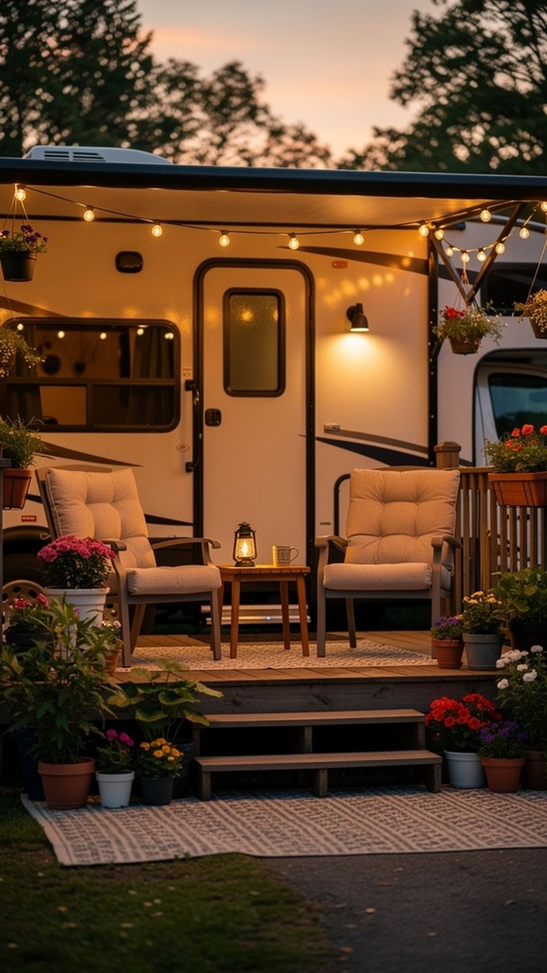 Cozy RV porch seating area with comfortable chairs