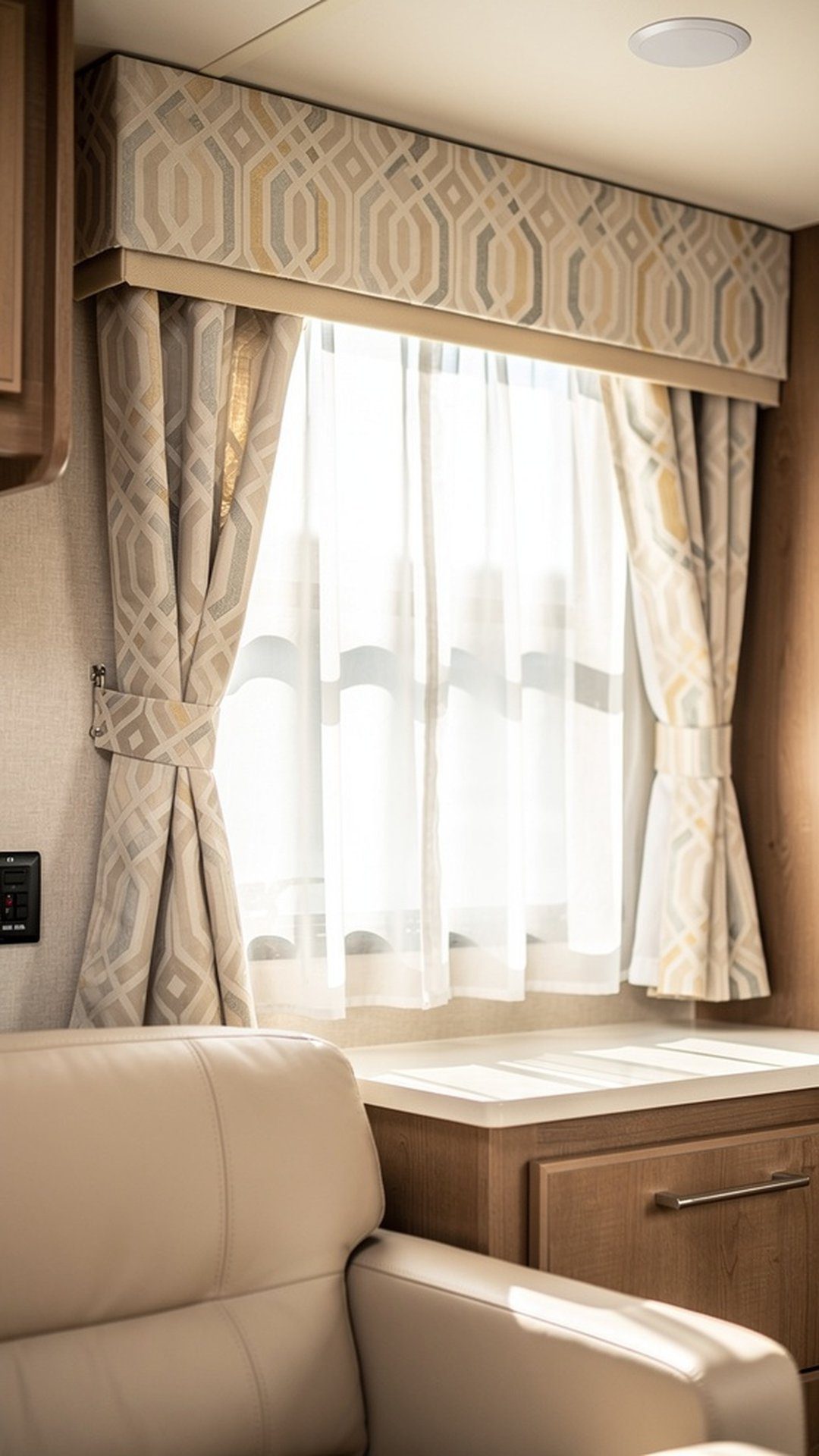 Beautiful RV window with stylish curtains and valances