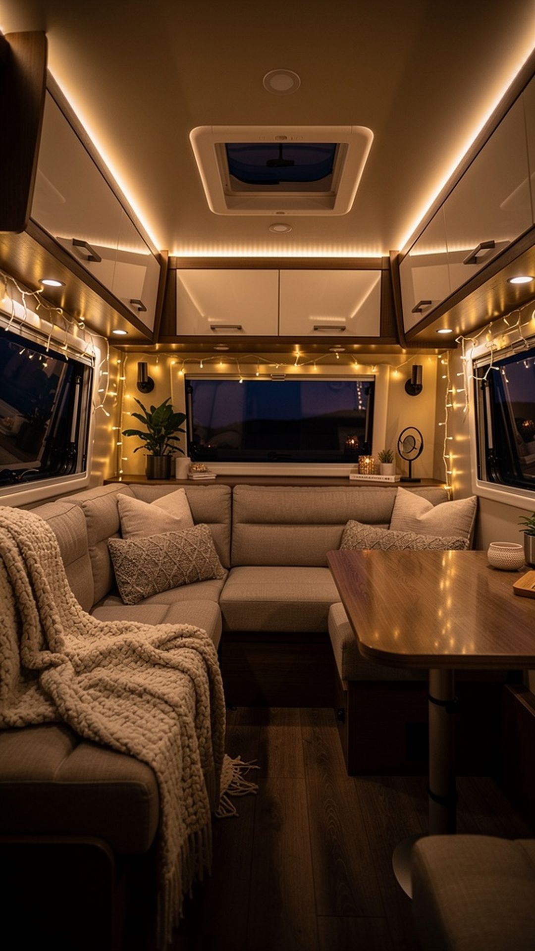 RV interior with decorative string lights creating cozy atmosphere