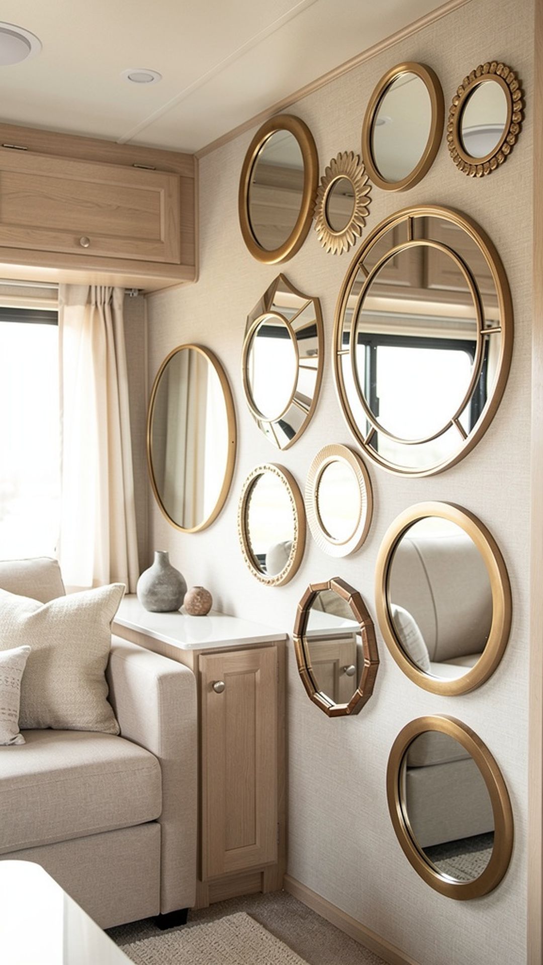 RV interior with decorative mirrors on wall