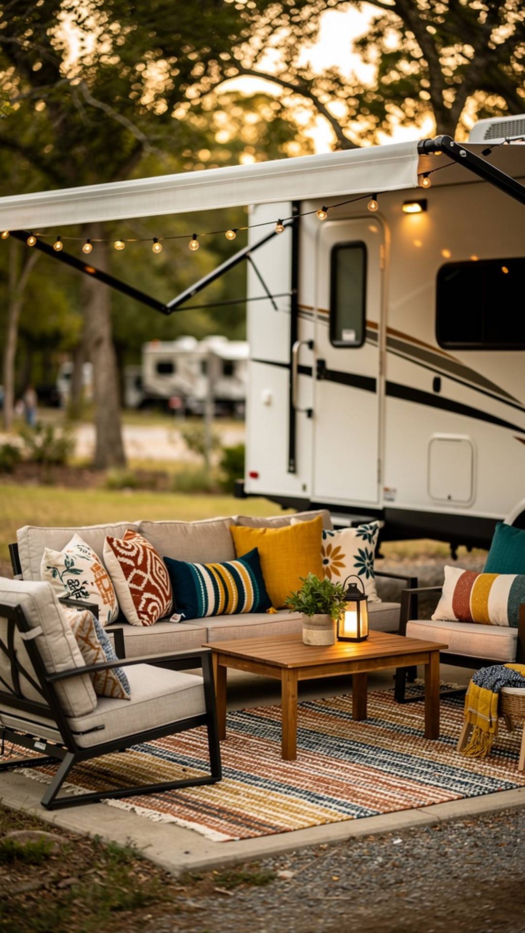 Colorful decorative pillows on RV porch seating