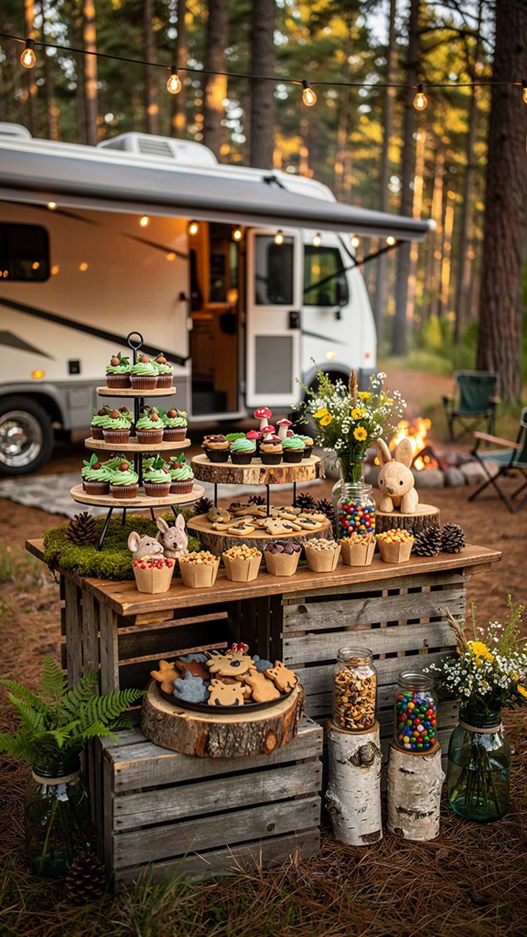 Nature-themed dessert table at campsite