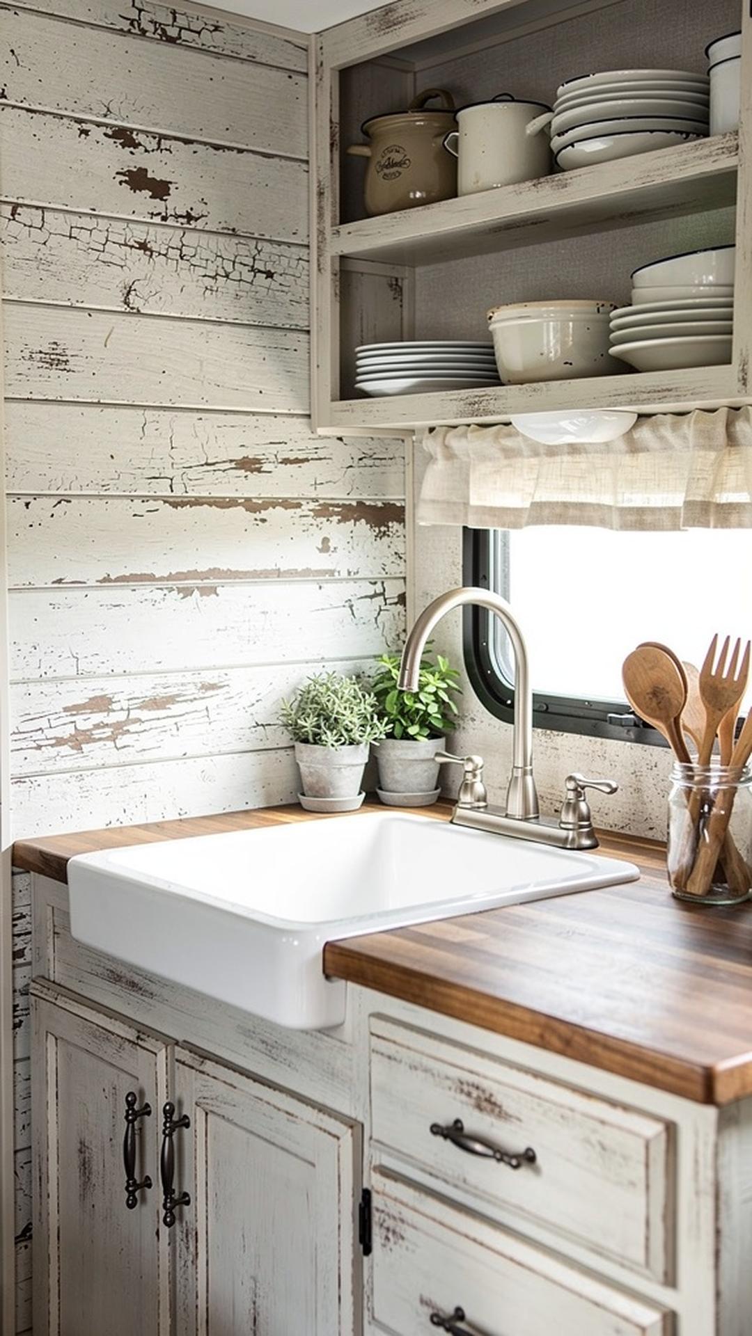 Distressed Painted Shiplap Backsplash
