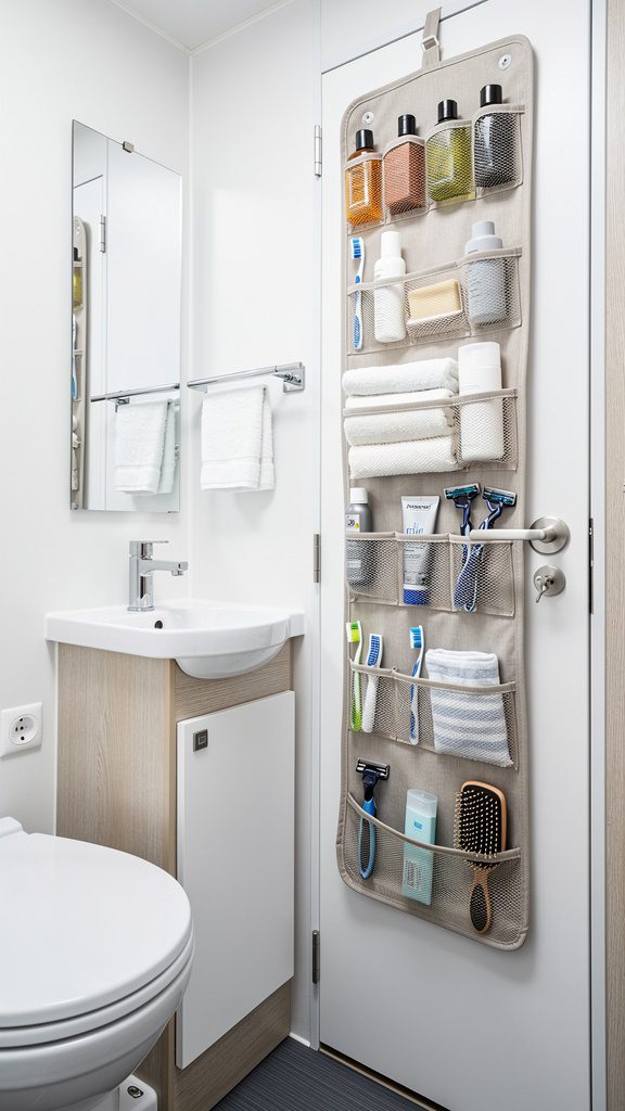 RV bathroom door with hanging organizer