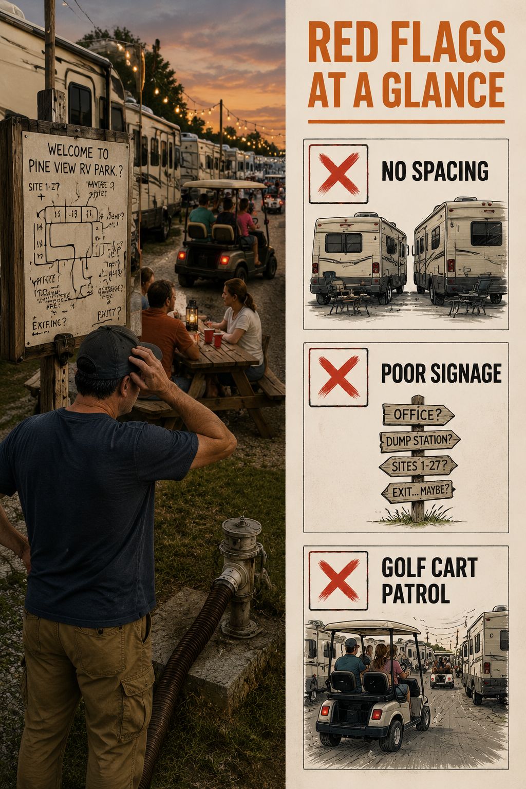() editorial illustration showing a split-scene comparison: left side a crowded RV campground with picnic tables inches from