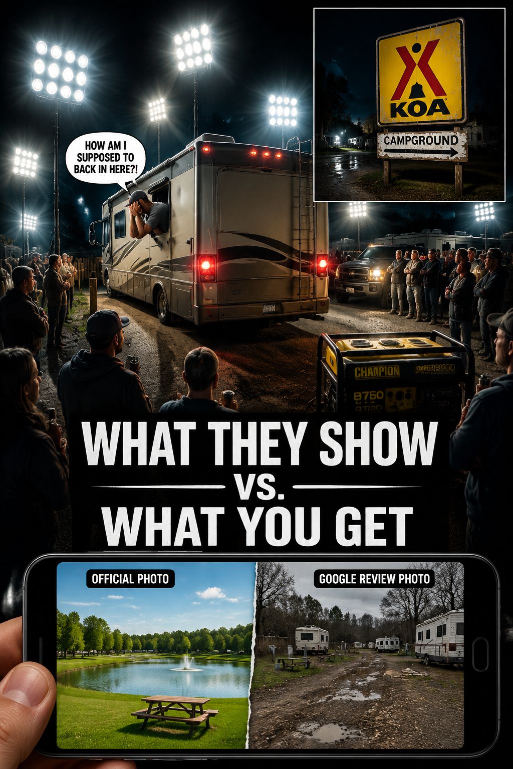 () editorial photo-illustration of an RV camper at night looking distressed as stadium-bright floodlights blast from every