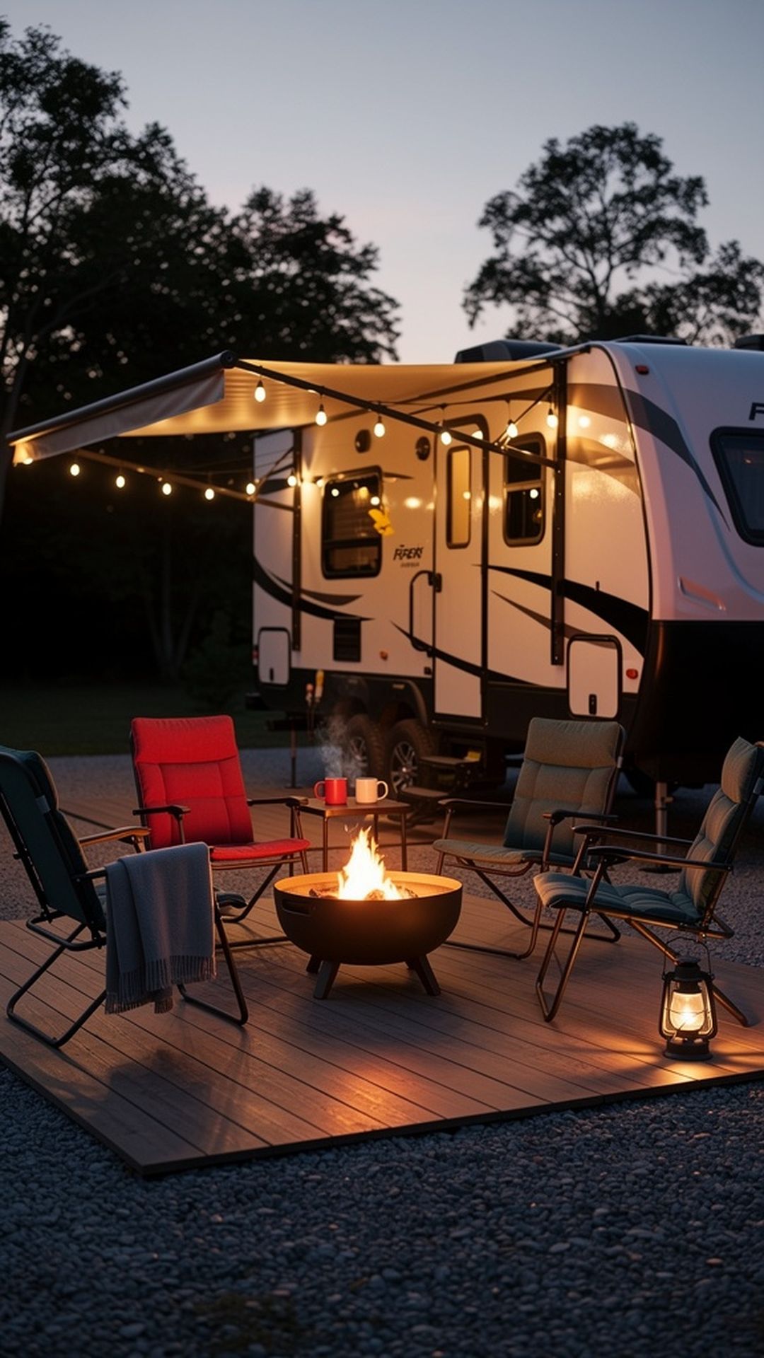 Portable fire pit area on RV porch