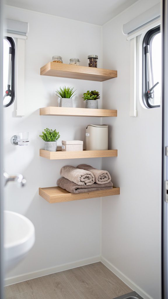 RV bathroom with floating wooden shelves