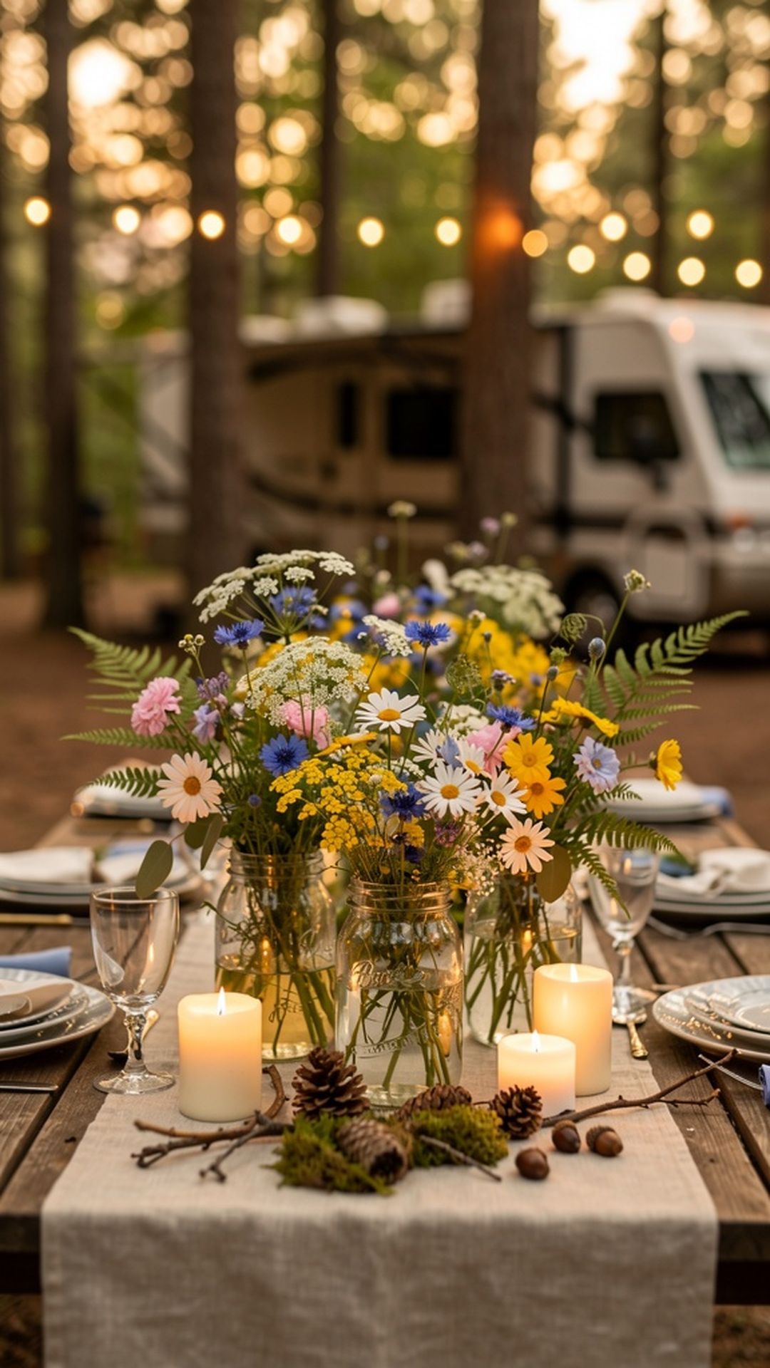 Floral centerpiece on picnic table at campsite