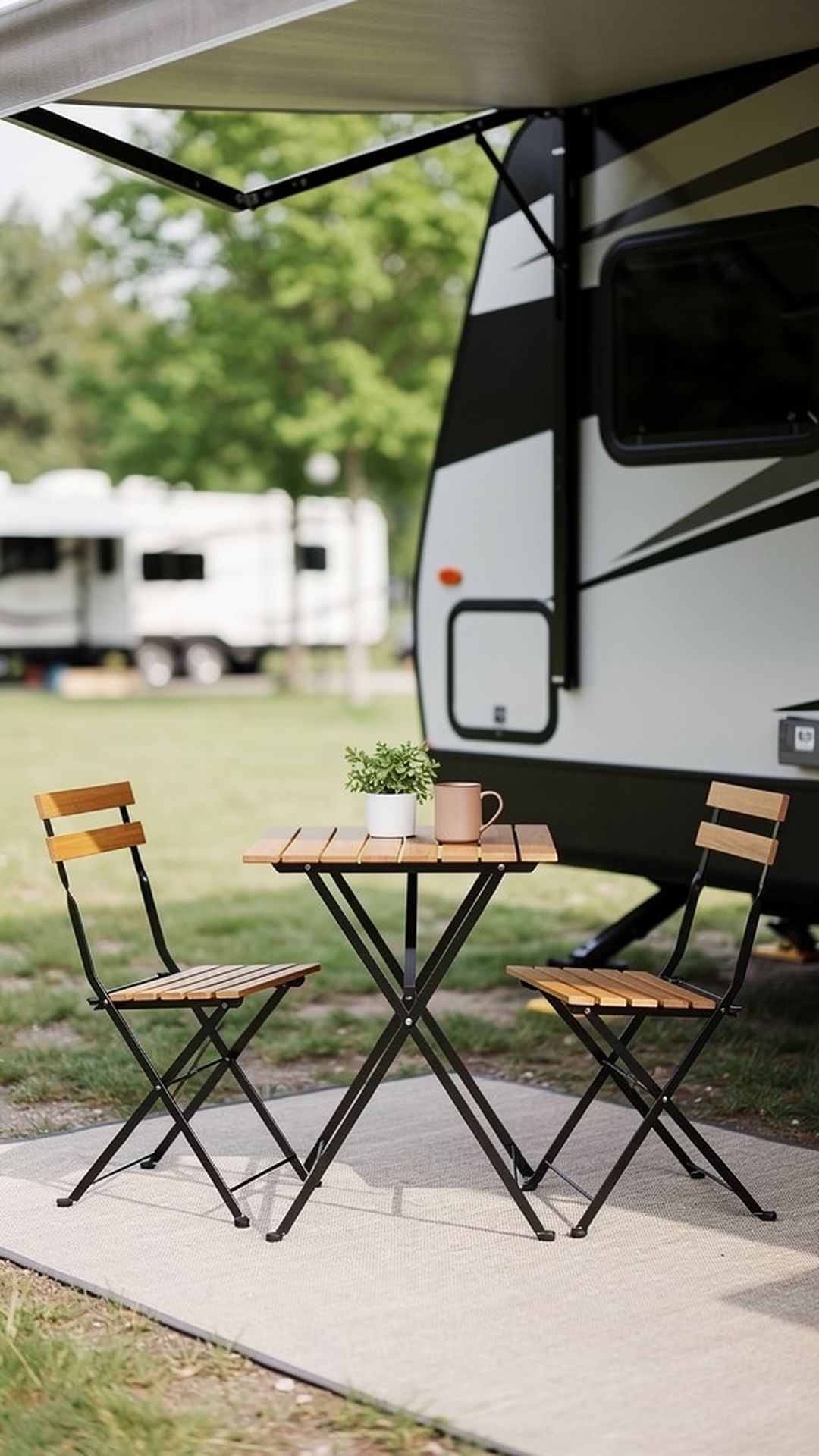 Folding bistro table and chairs on RV patio