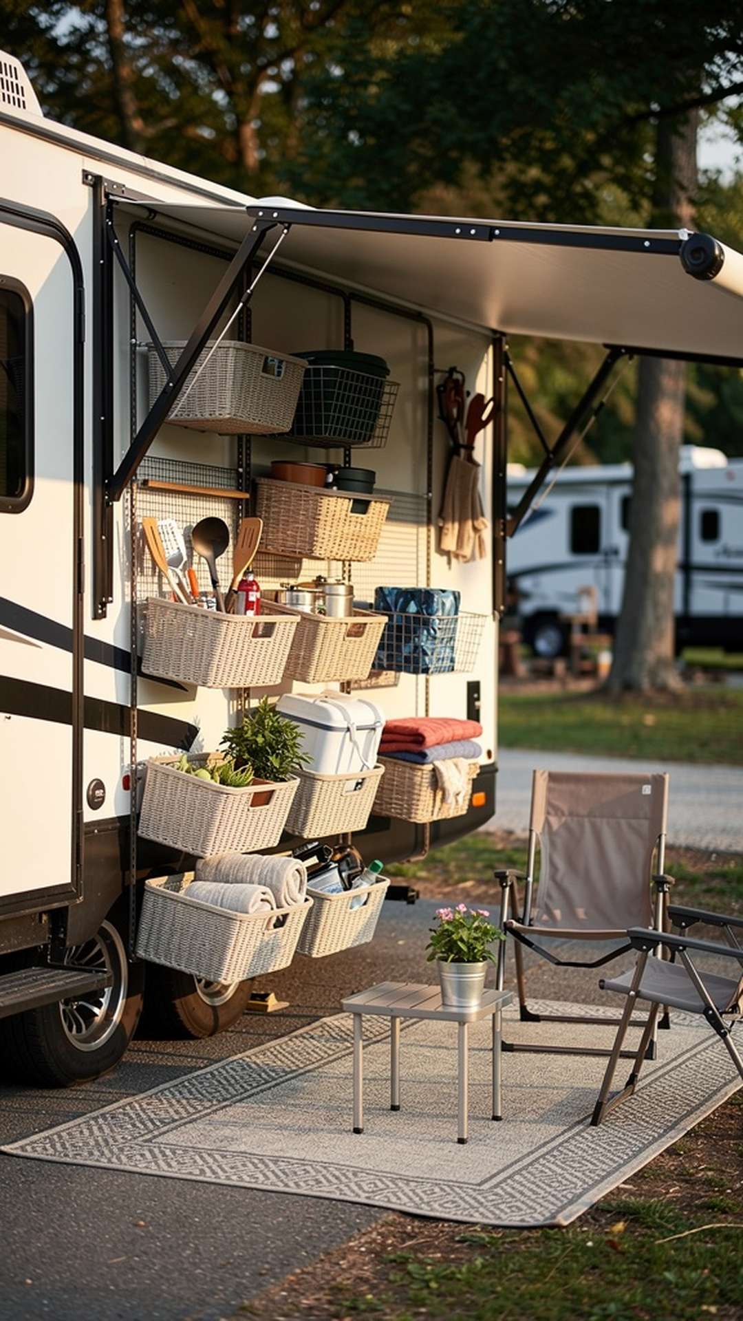 Hanging storage baskets on RV exterior