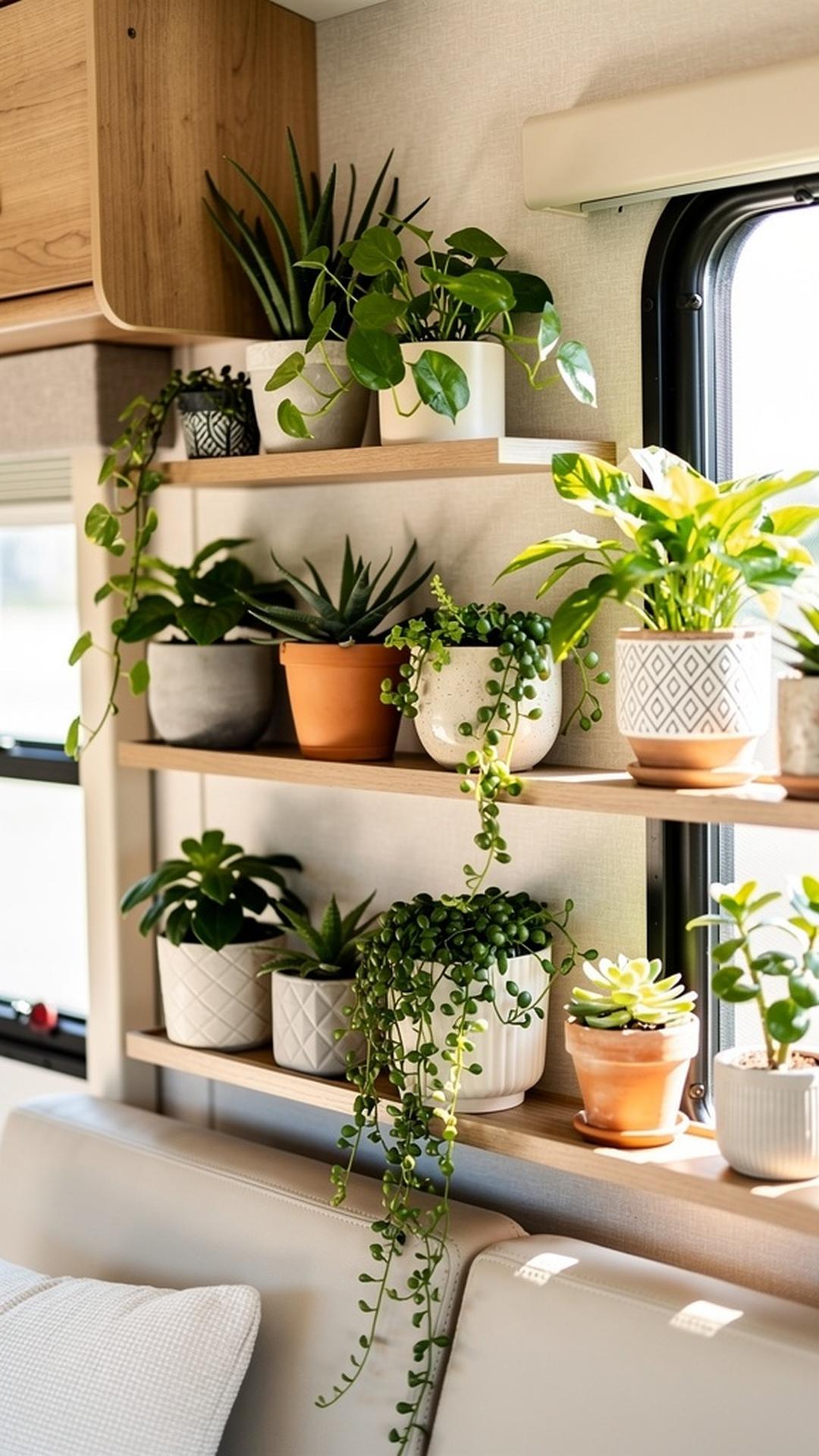 RV shelf with lush green indoor plants in decorative pots