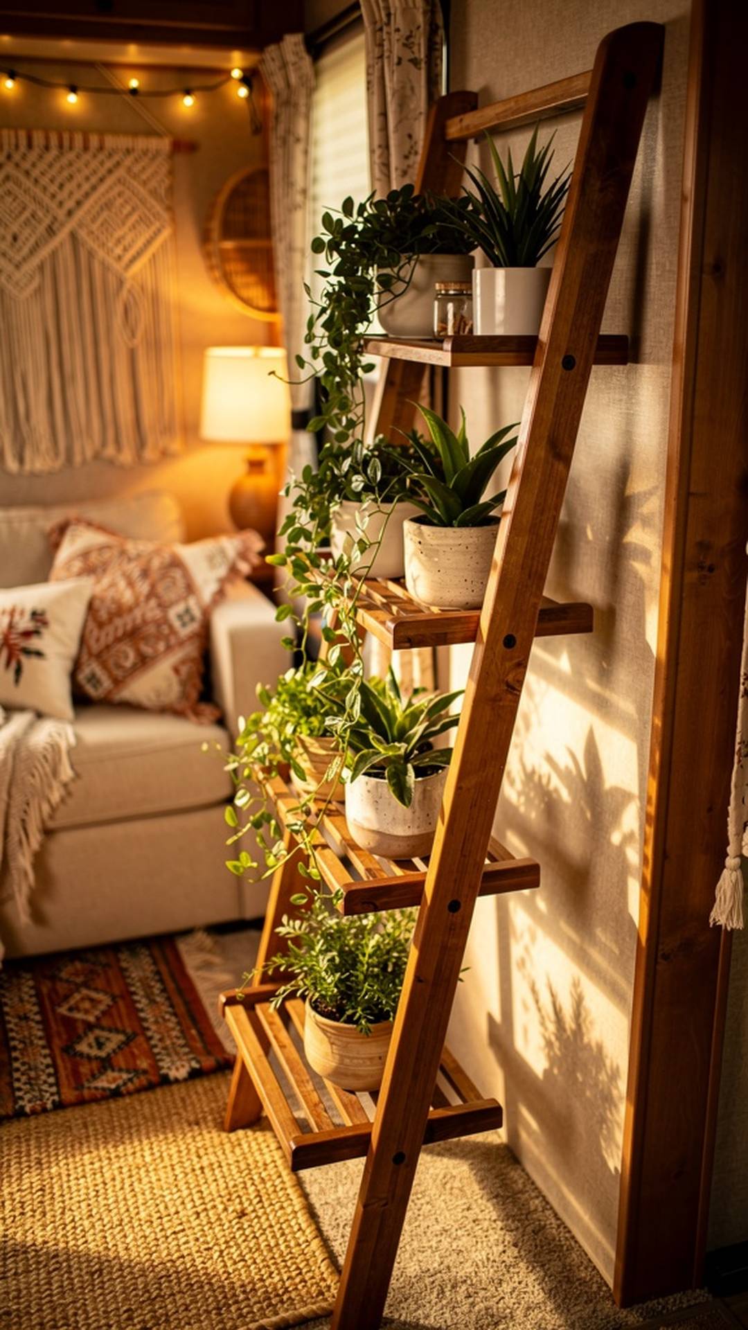 Ladder shelf with multiple plants in RV