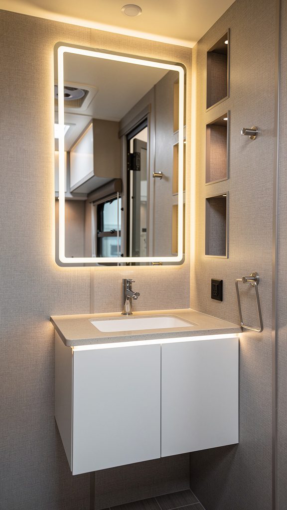 RV bathroom mirror with LED lighting