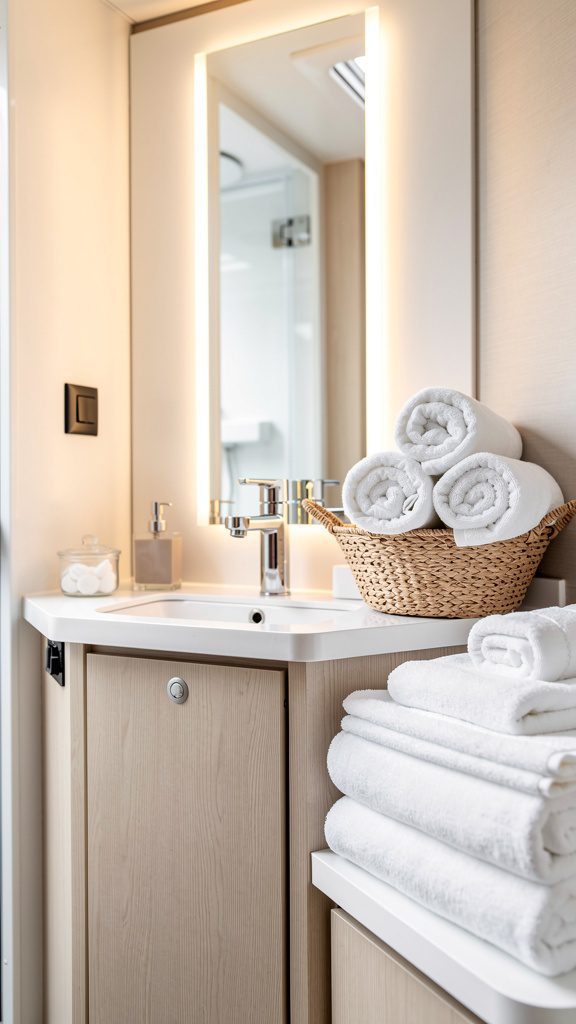 RV bathroom with rolled luxury towels