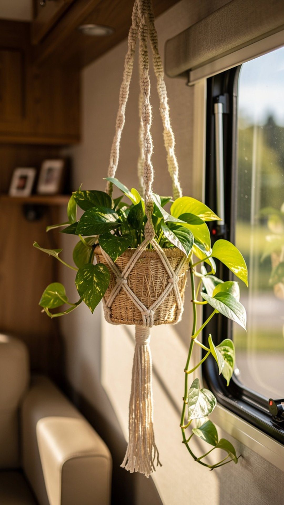 Hanging macrame planter with pothos in RV