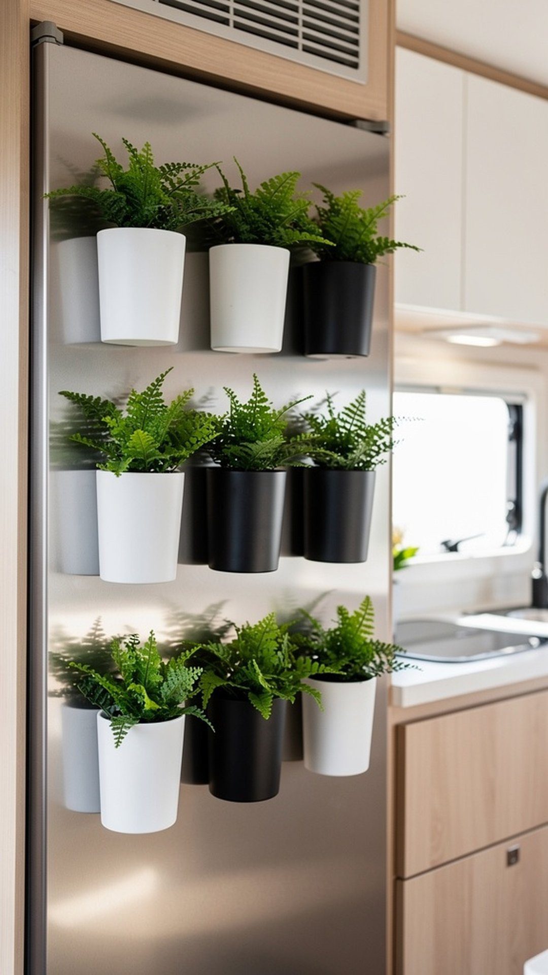 Magnetic planters with ferns on RV refrigerator