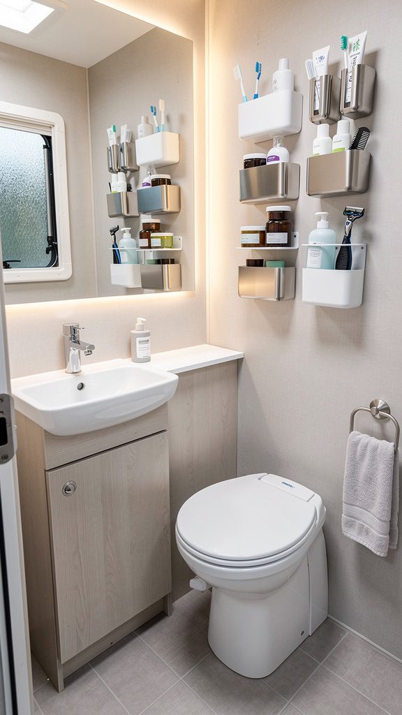 RV bathroom with magnetic storage containers