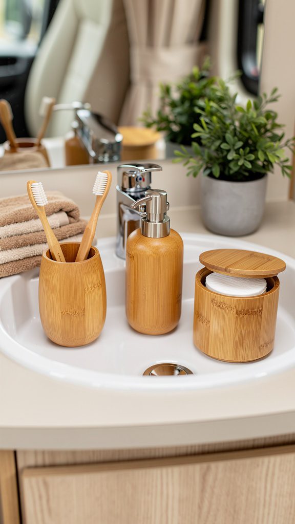 RV bathroom with bamboo accessories