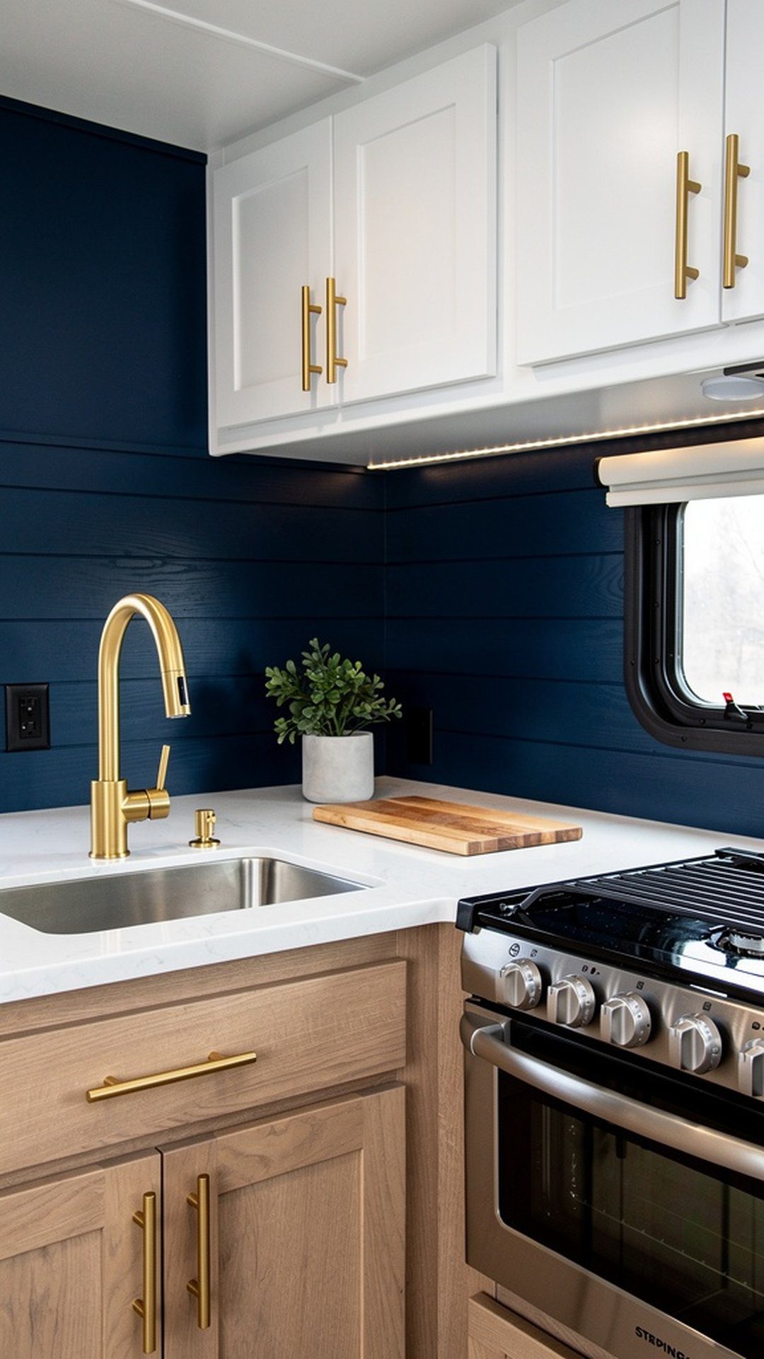 Bold Navy Blue Shiplap Backsplash