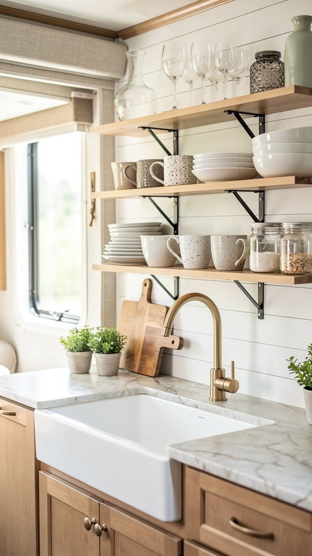 RV kitchen with open shelving displaying decorative dishes