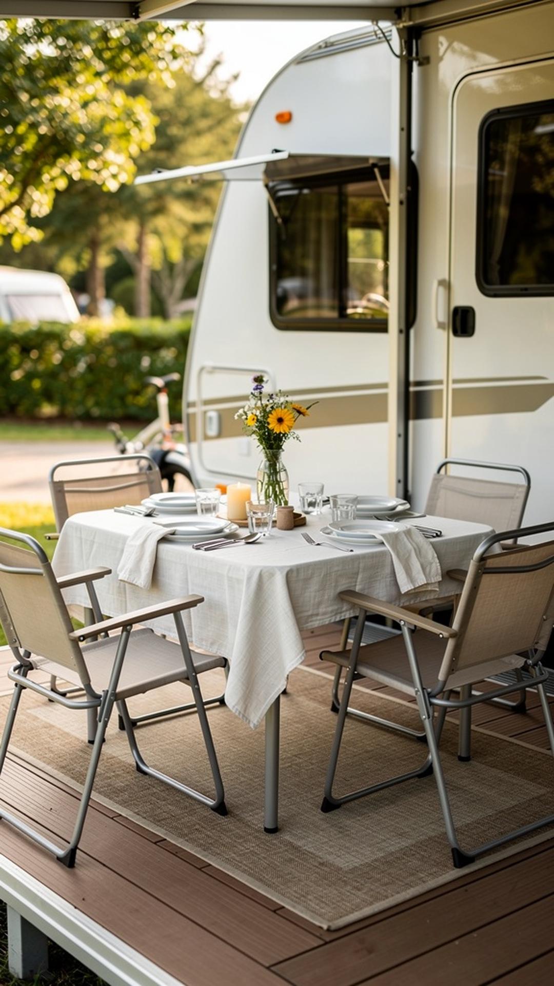 Outdoor dining setup on RV porch