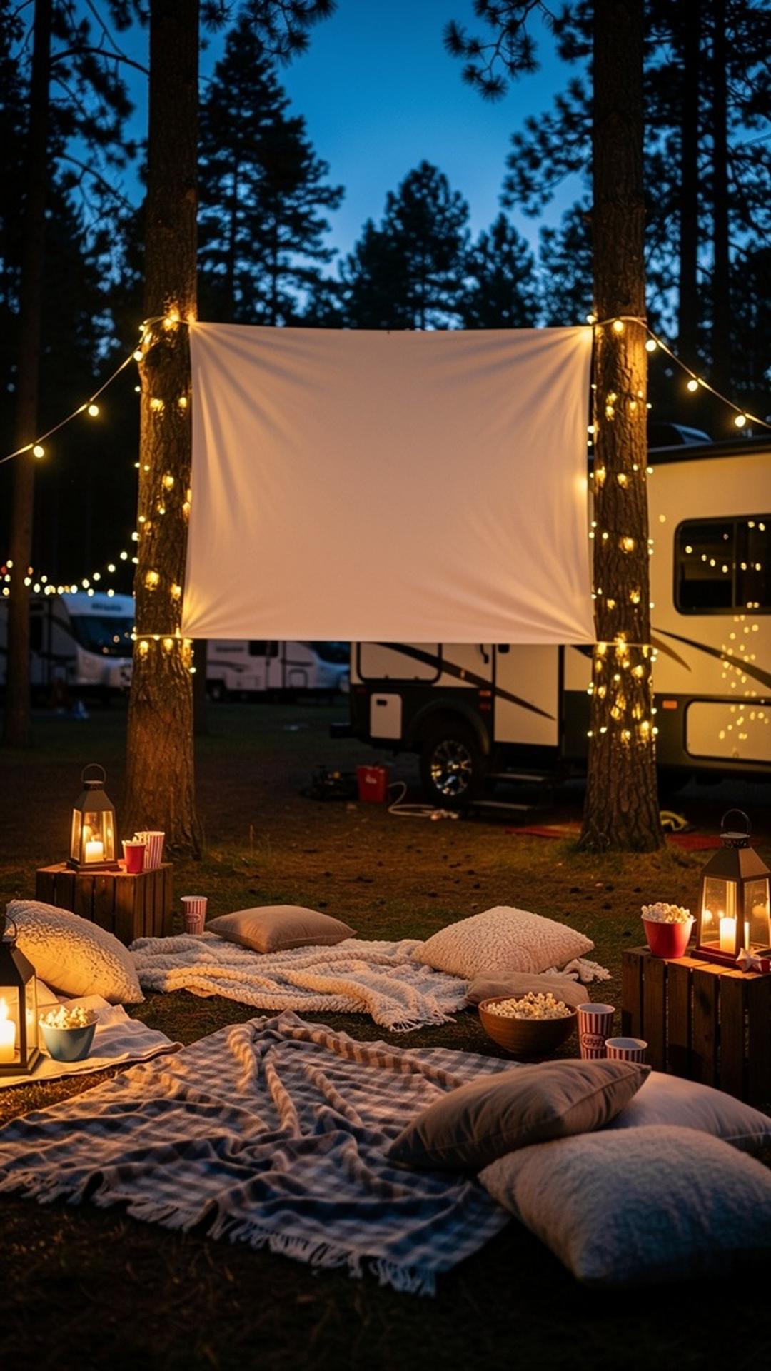 Outdoor movie screen at RV campsite