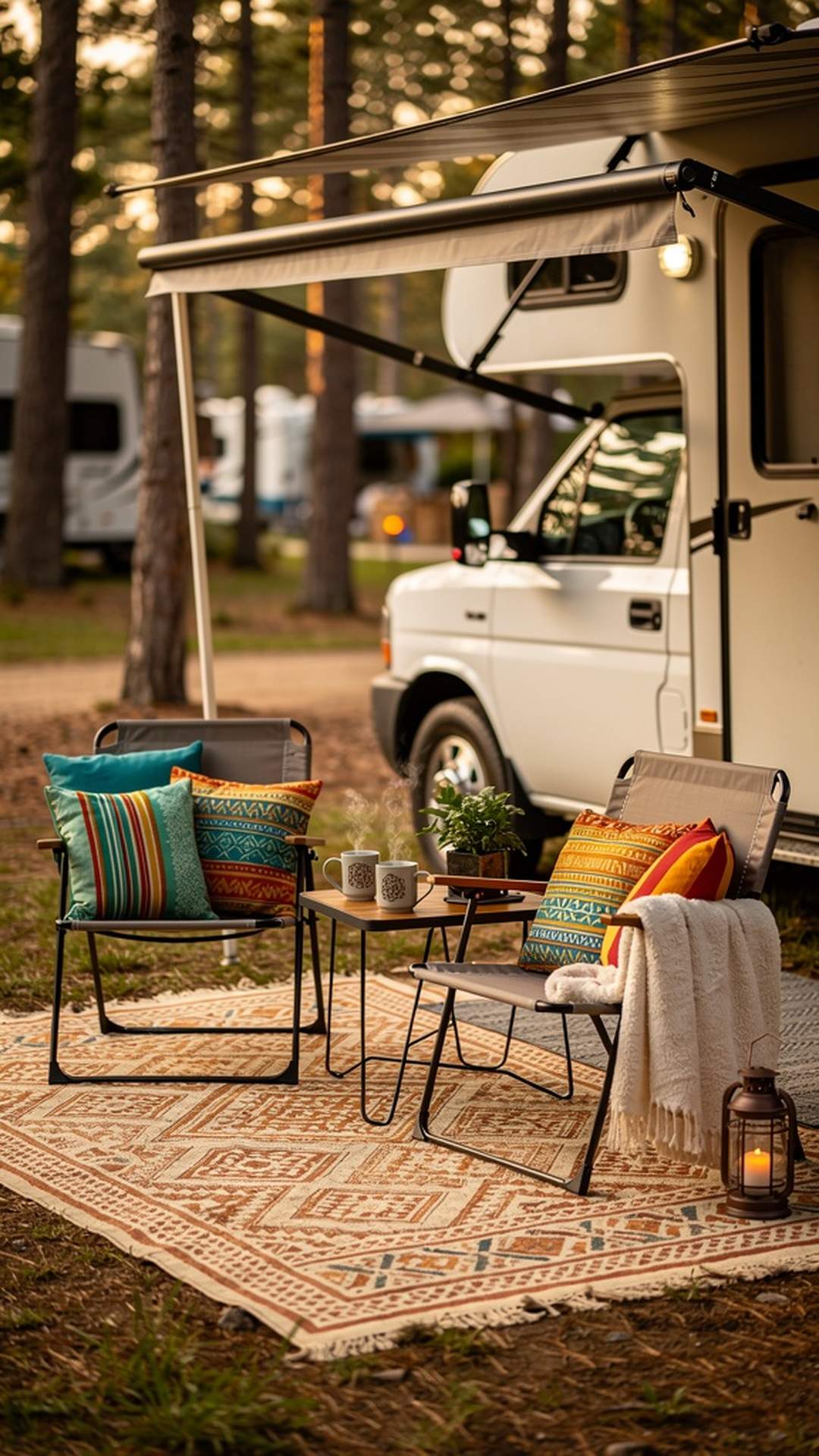 Decorative outdoor pillows on RV patio furniture