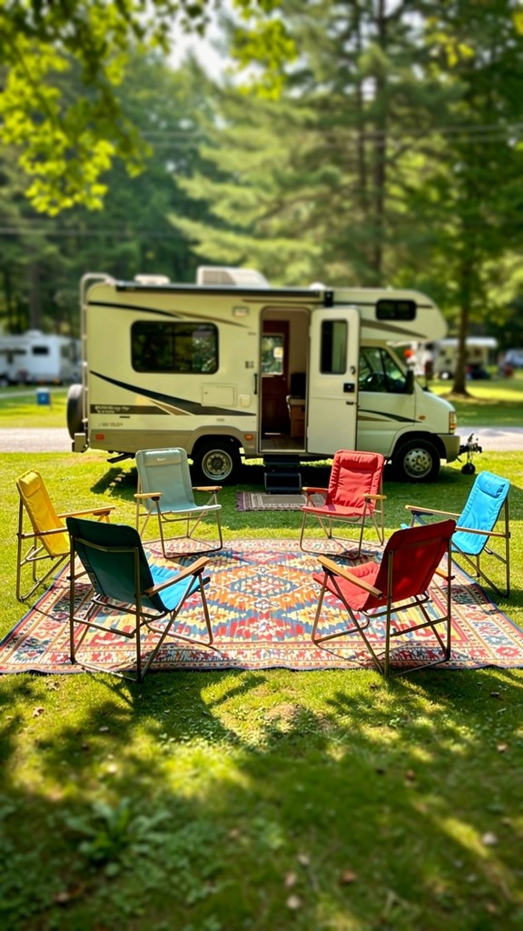 Colorful outdoor rug on RV patio