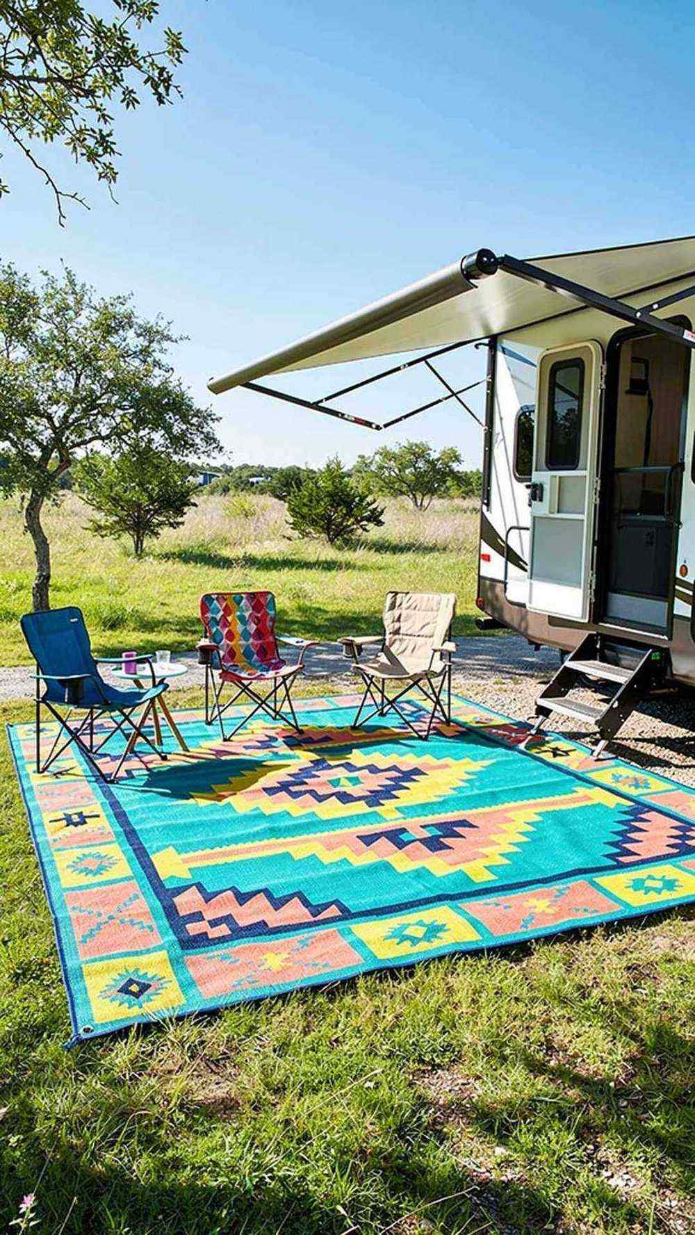 Colorful outdoor rug on RV porch