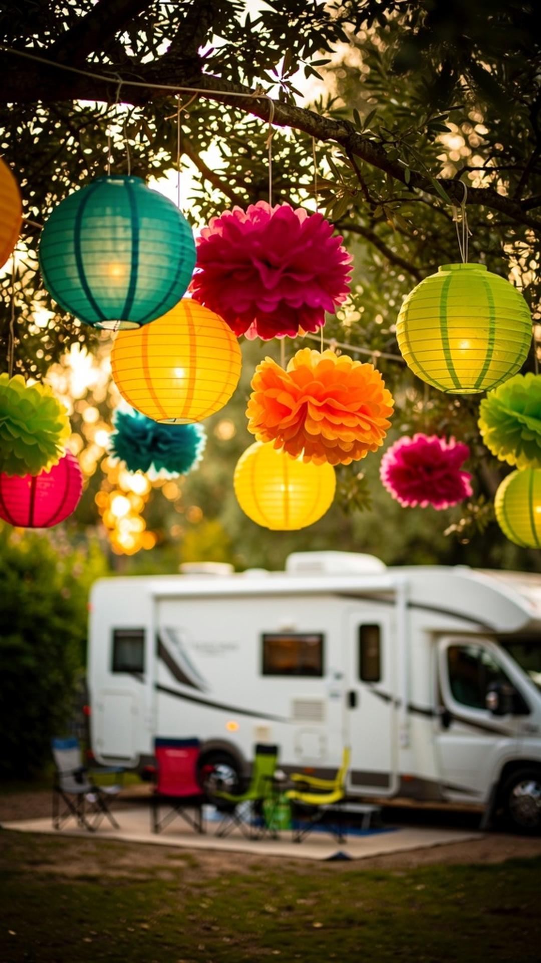 Paper lanterns hanging at RV campsite