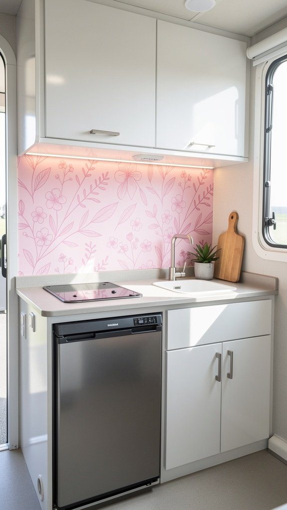 Pink Floral Accent Wallpaper - Pink RV Decorating Ideas
