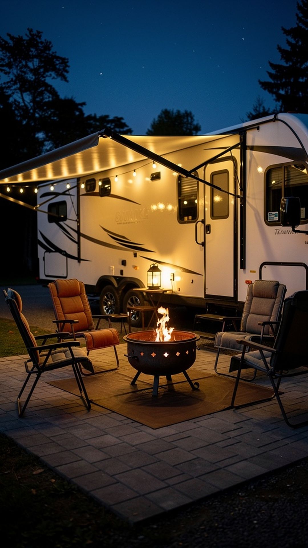 Portable fire pit on RV patio with camping chairs