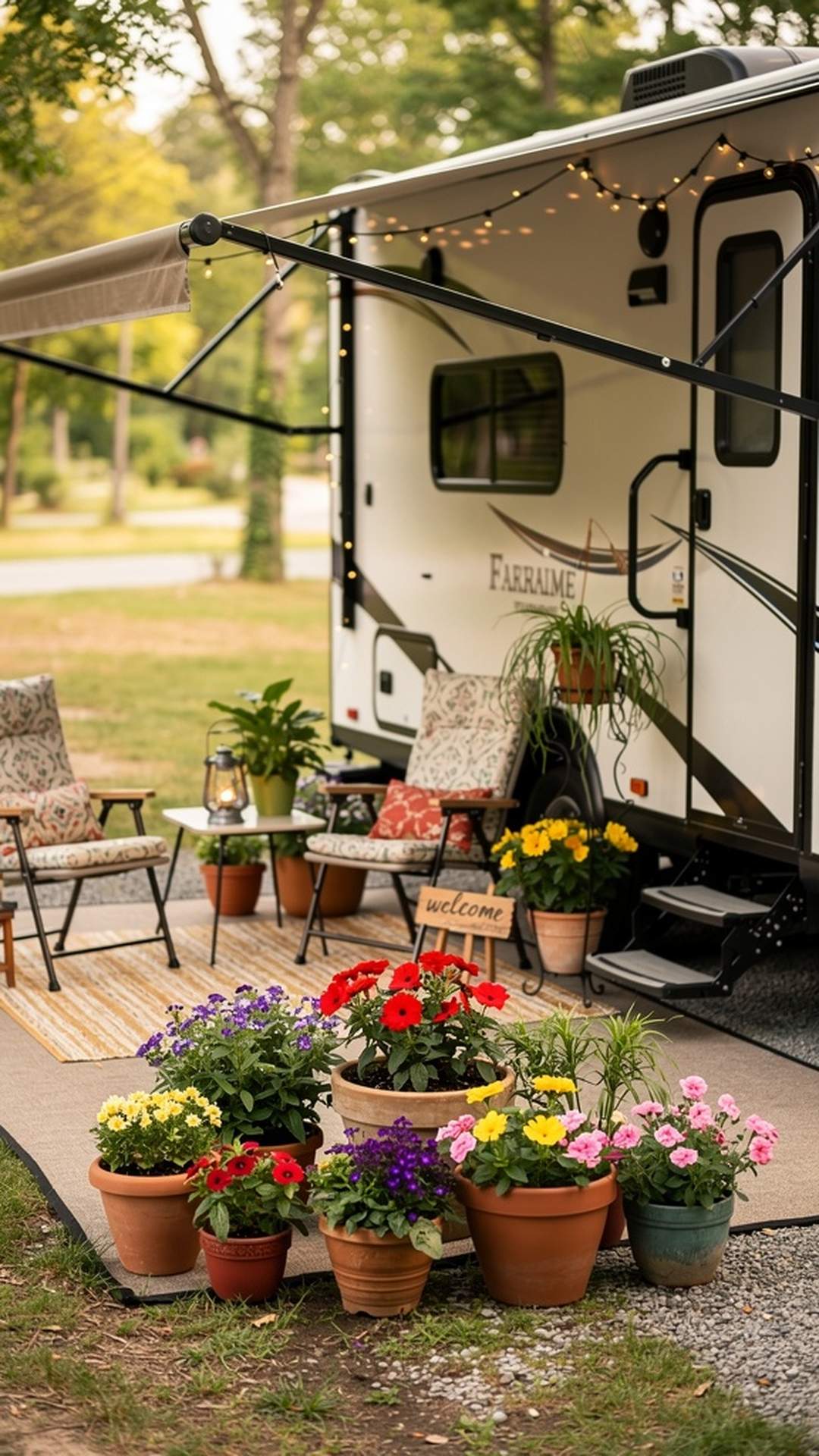 Colorful potted plants and flowers on RV patio