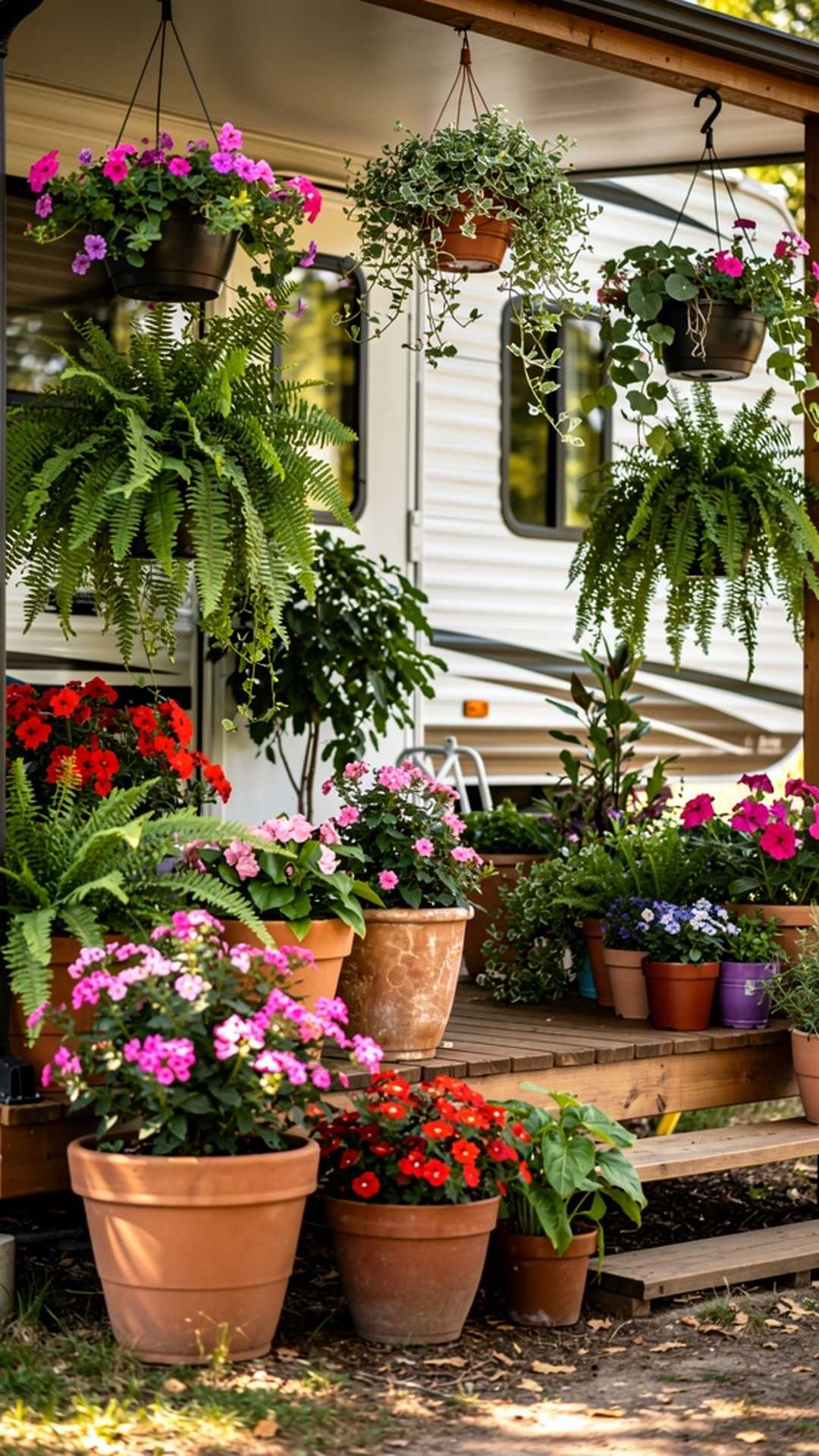 Lush potted plants decorating RV porch