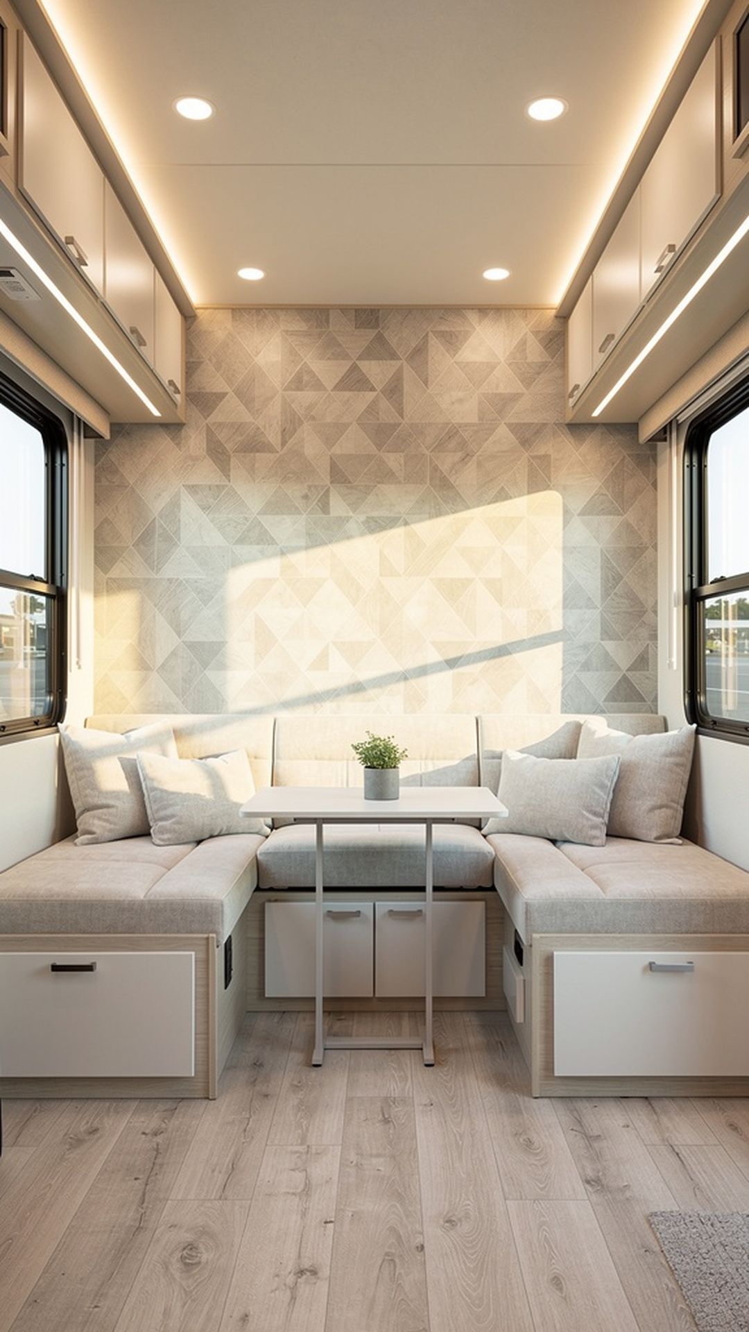 Modern RV interior with removable wallpaper accent wall