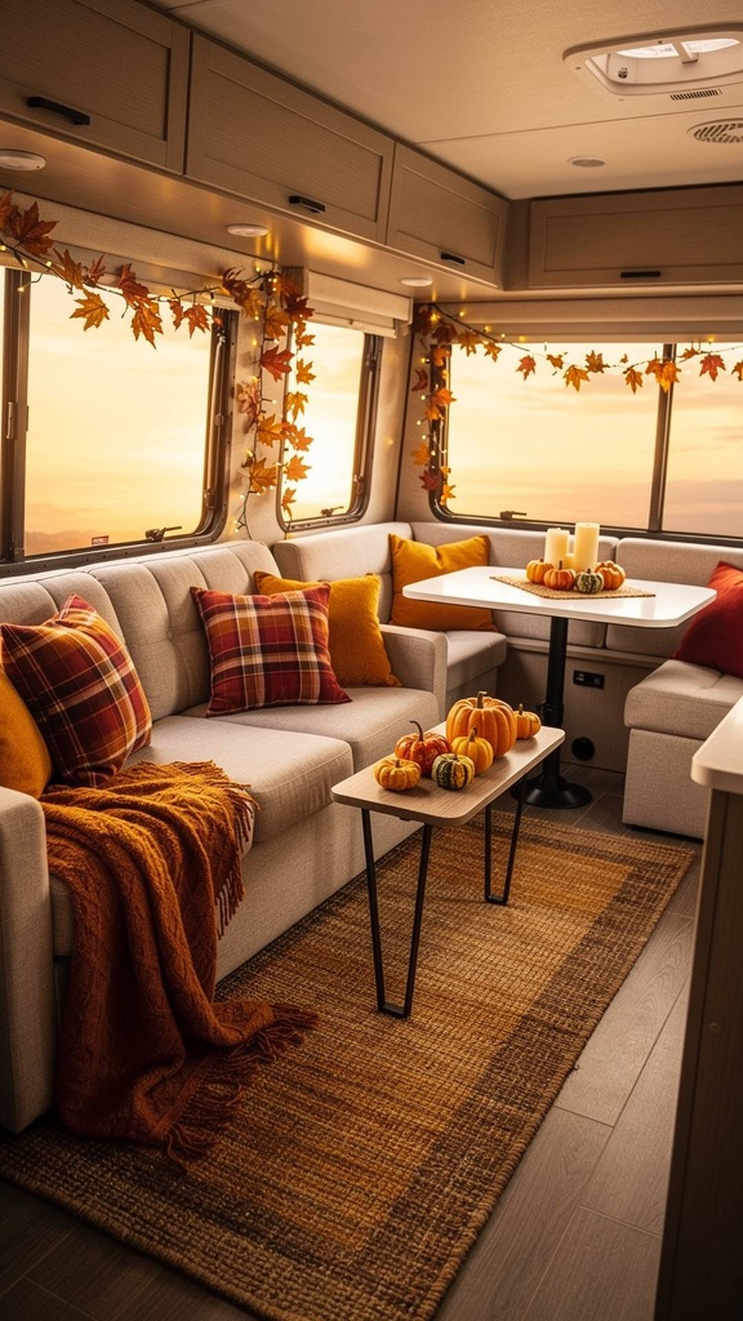 RV interior with seasonal autumn decorations