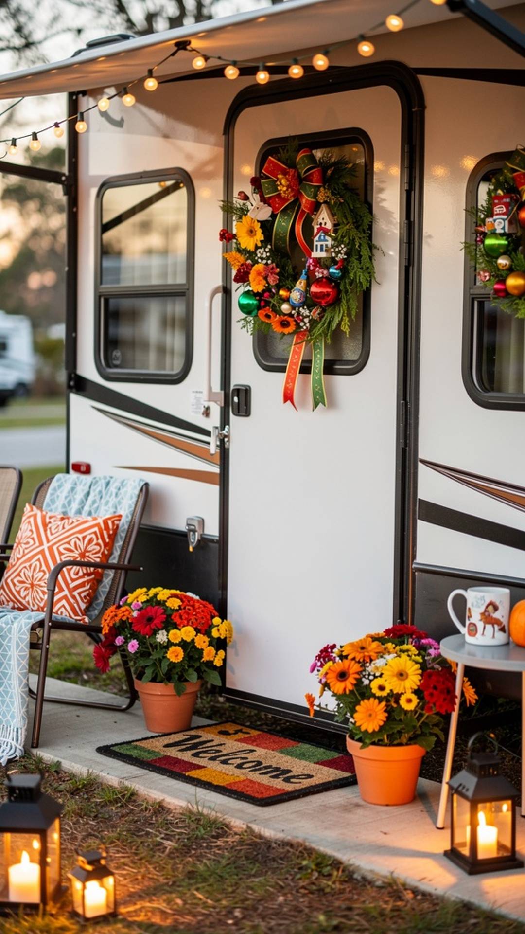 Seasonal wreaths and decorations on RV porch