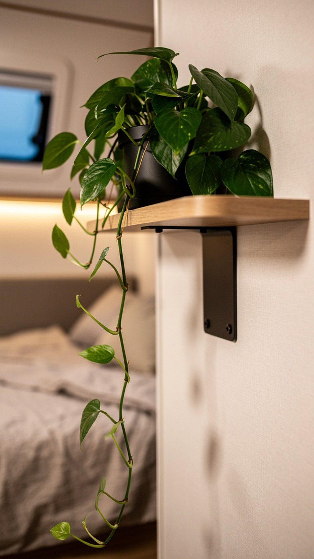Wall shelf with trailing plant in RV bedroom