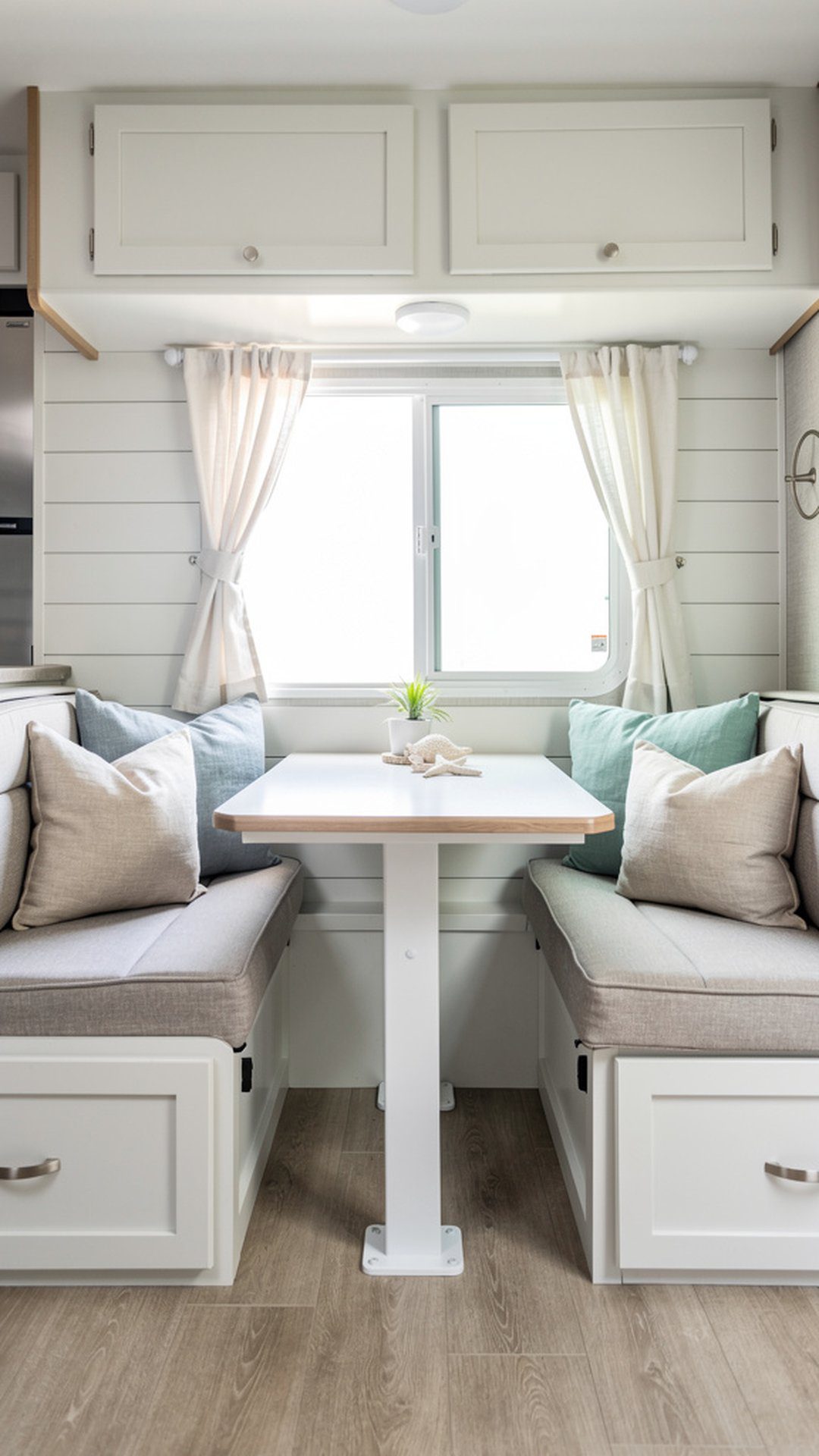 Shiplap bench seat backsplash in RV dinette