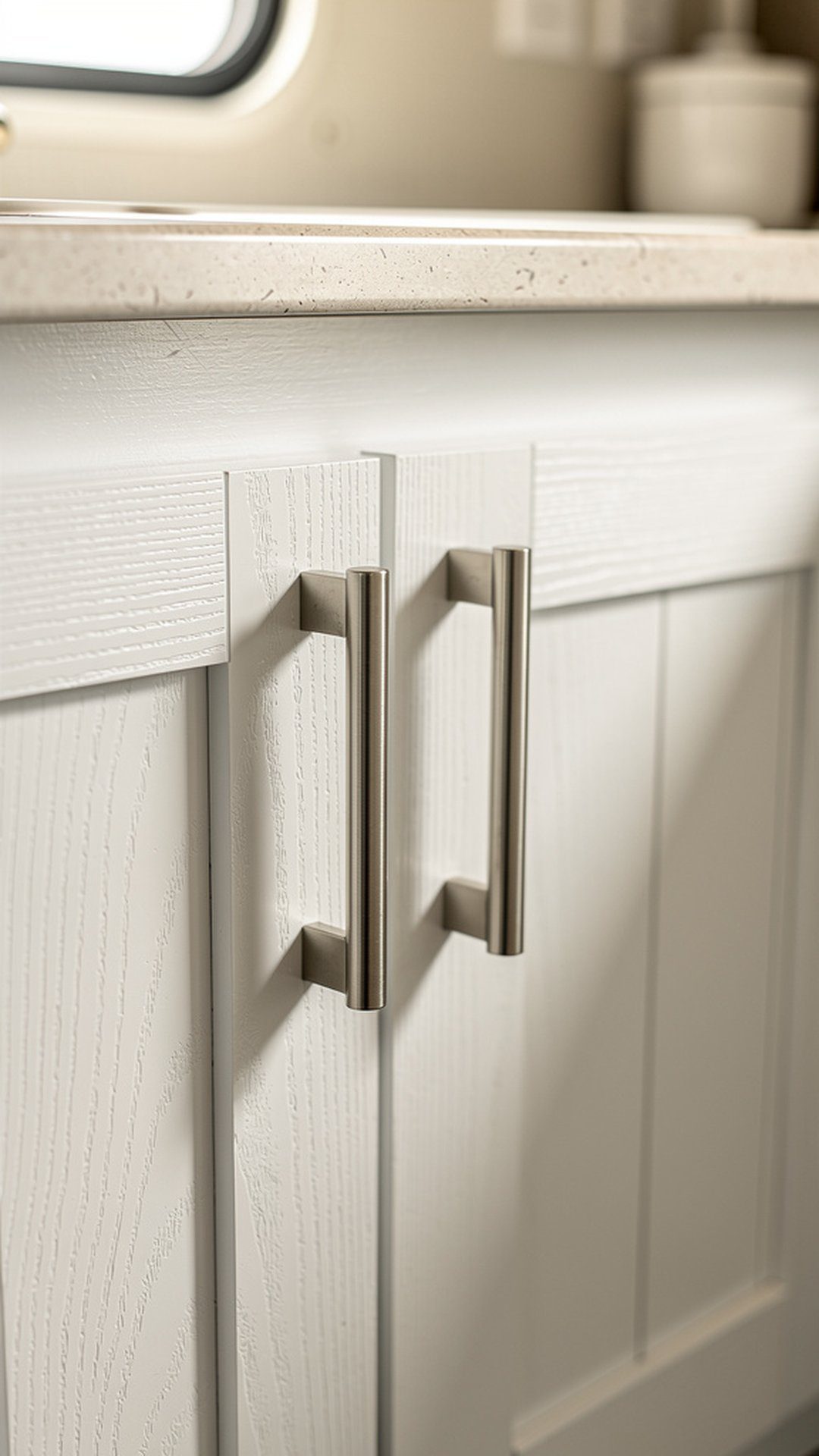 Shiplap cabinet door fronts in RV kitchen
