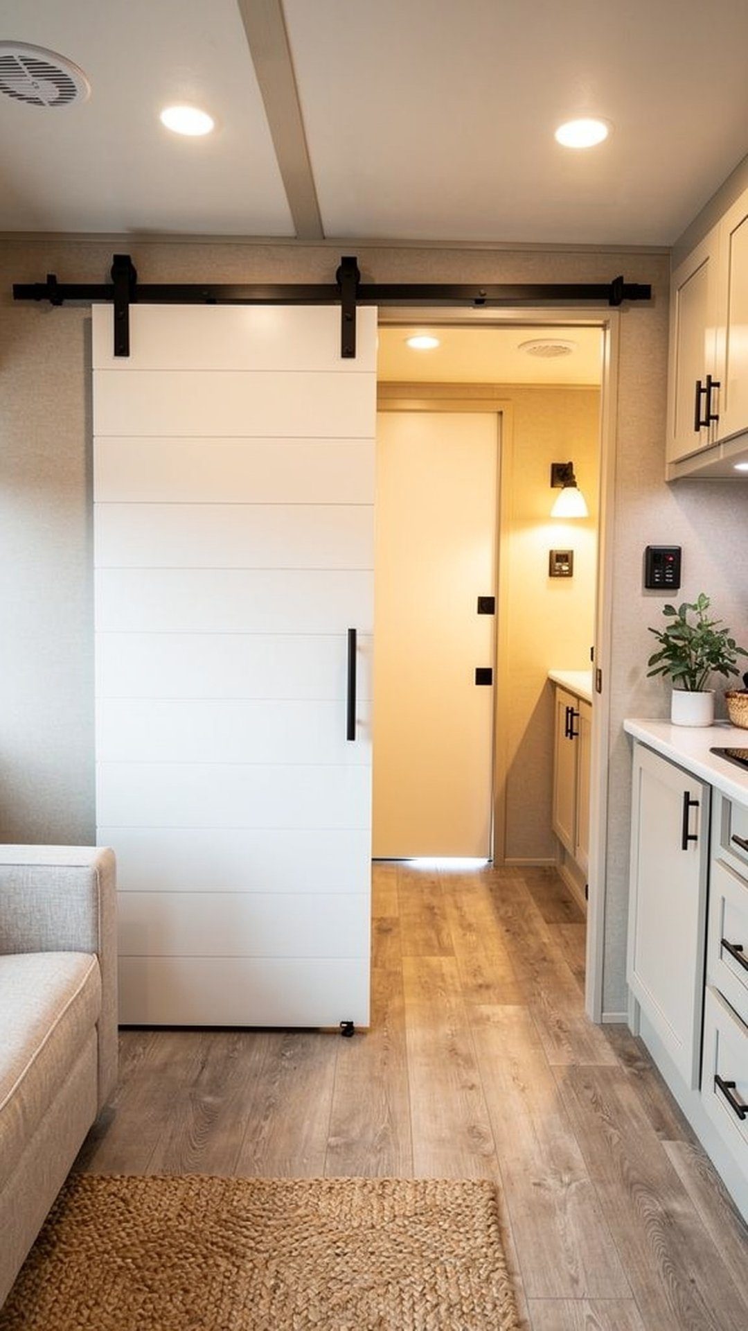 Shiplap sliding barn door in camper