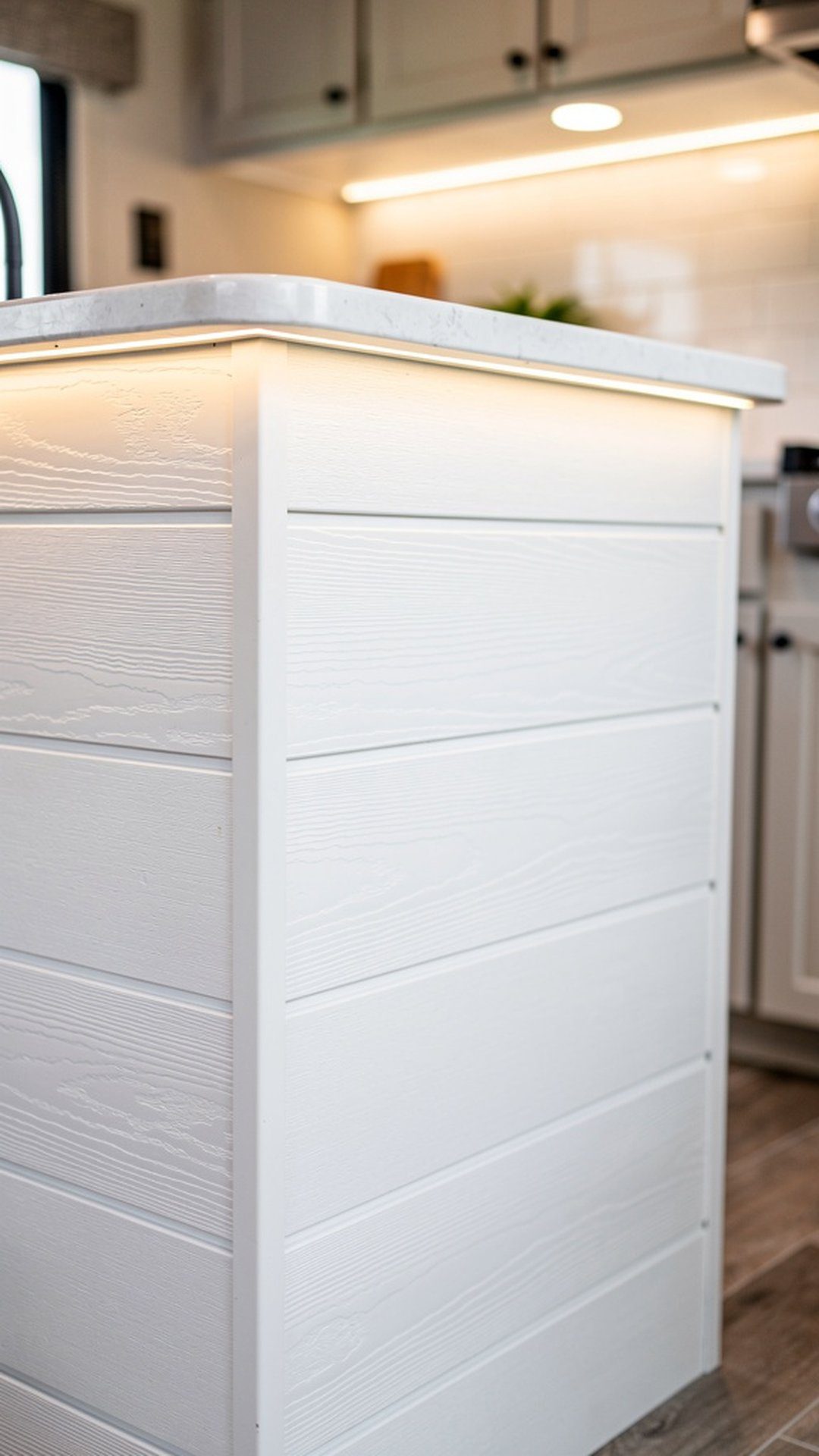Shiplap kitchen island side panel in camper