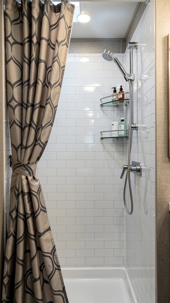 RV bathroom with geometric shower curtain