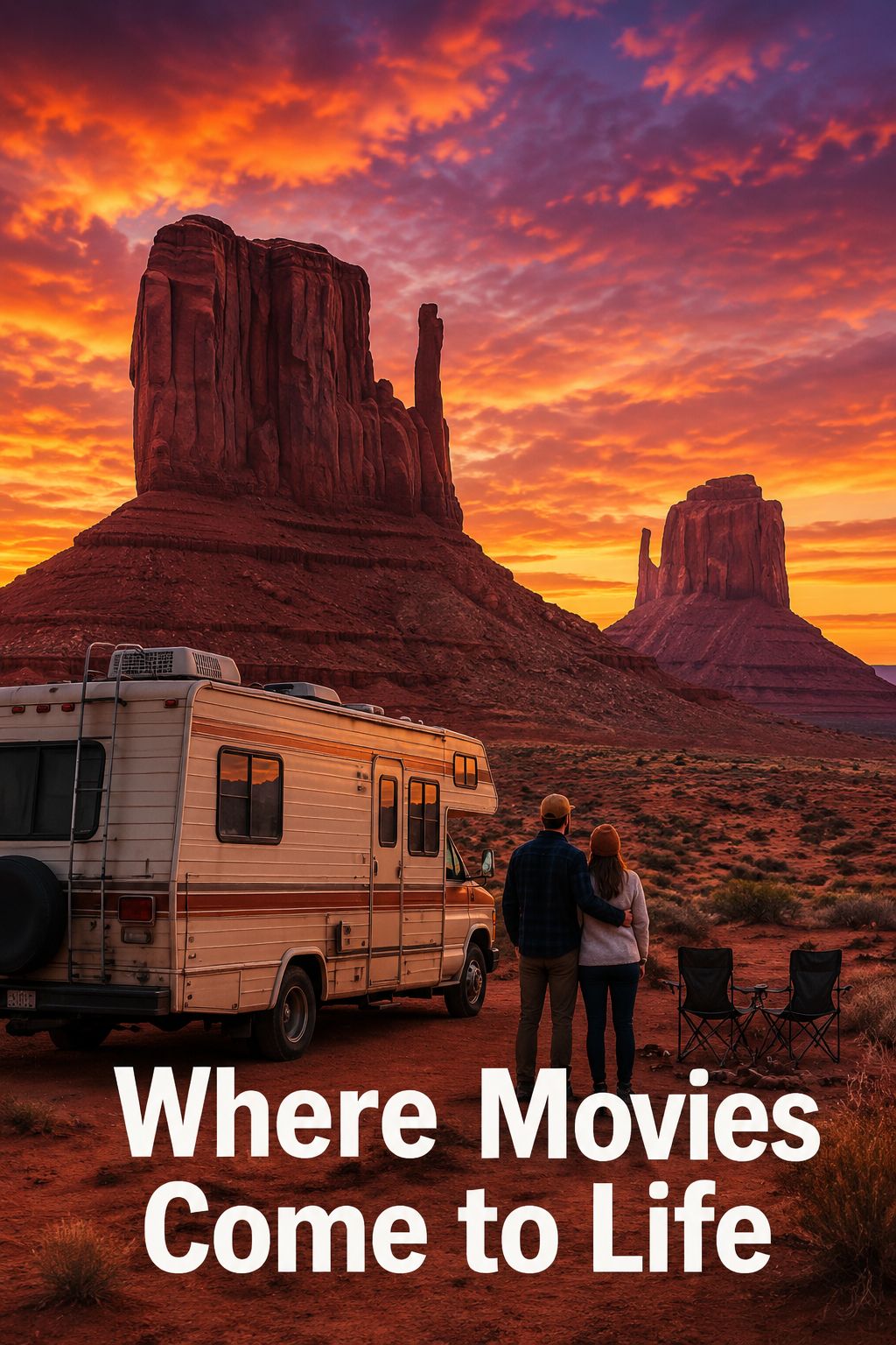 Portrait/Pinterest format () editorial image showing a well-loved RV parked at the base of Monument Valley's iconic Mittens